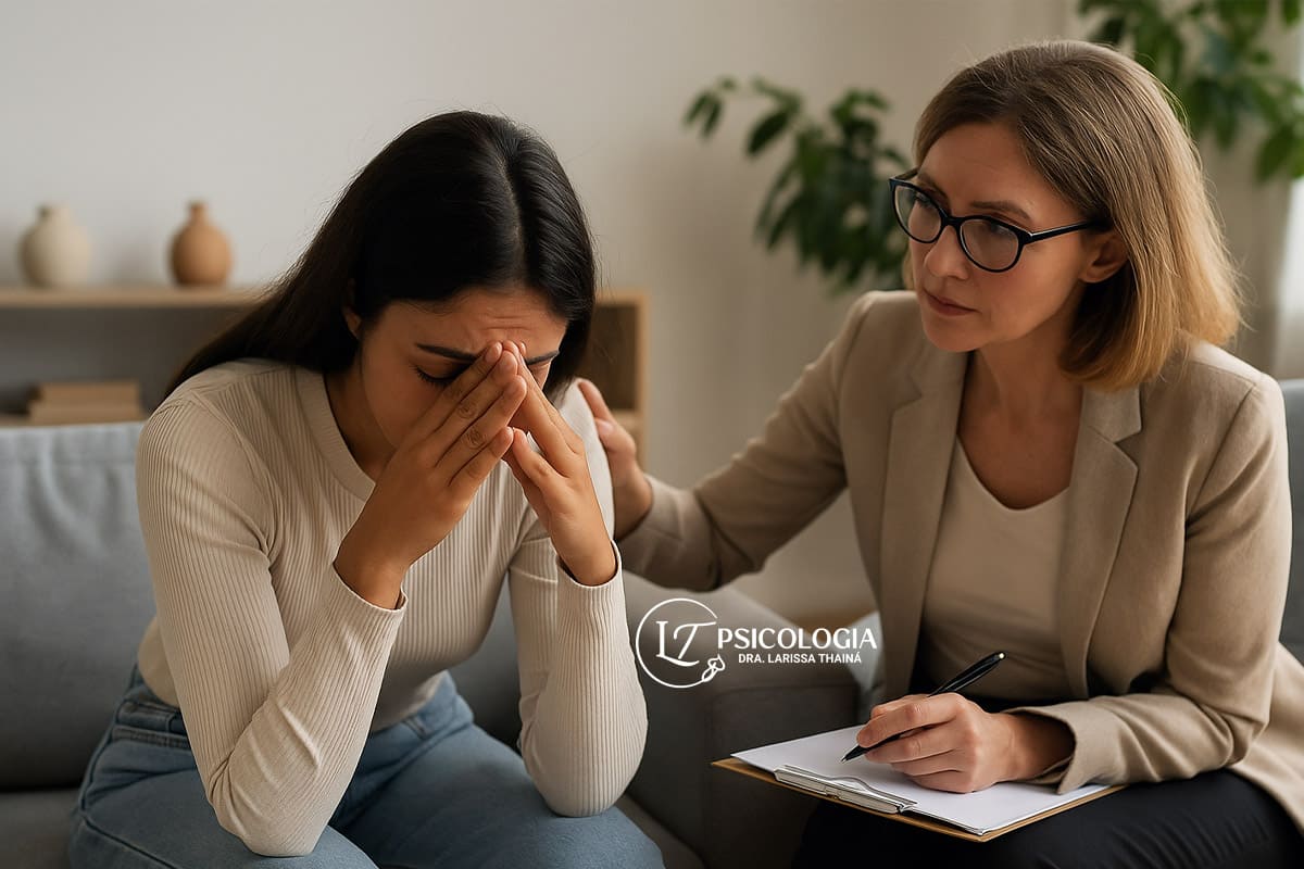 Paciente com sintomas de ansiedade sendo acolhida em consultório de psicologia em Taguatinga
